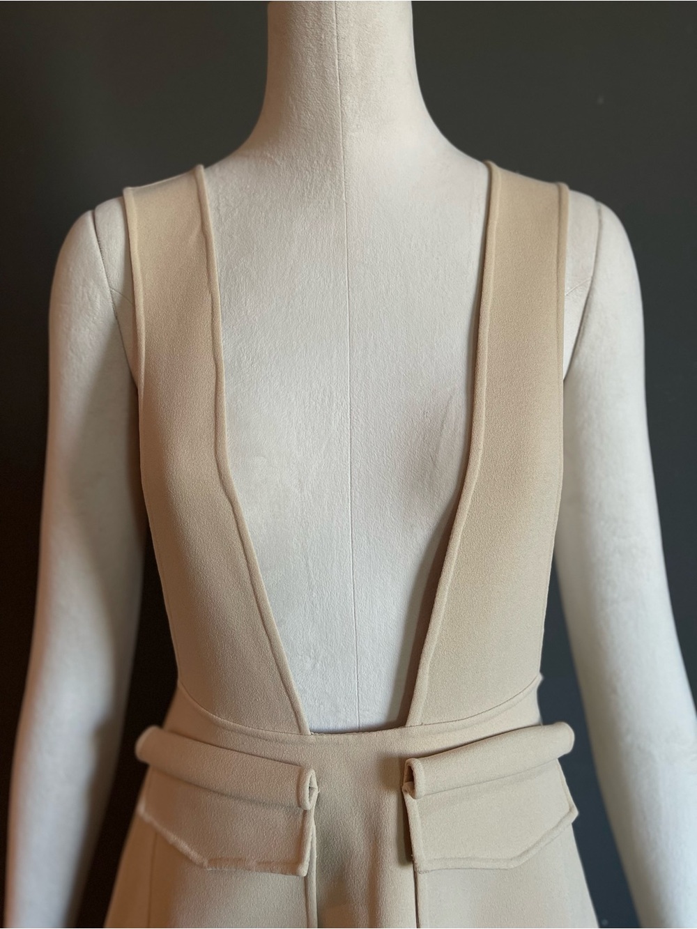 Few Moda Ivory Deep V Pinafore Midi Dress Utility Pockets Romantic Minimalism S - Picture 3 of 9